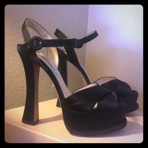 Prada Black Satin Platform Heels 37 7